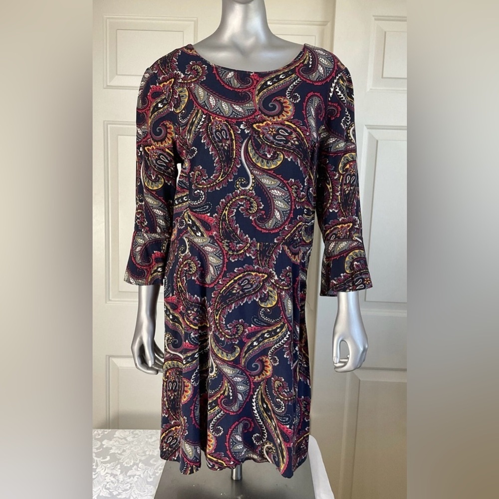 Banana Republic Blue/red Paisley 3/4 Sleeve Side Zip Dress Women Size 10